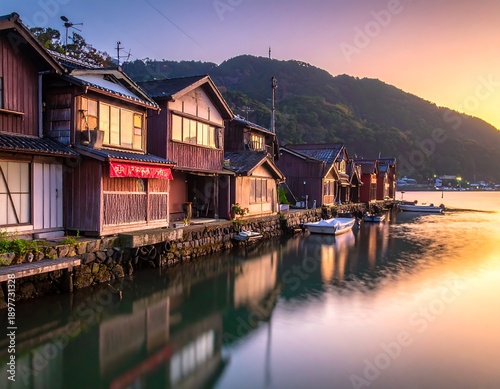 A serene waterside vista captures wooden structures, nestled along the shoreline reflecting in tranquil waters under a golden sunset glow