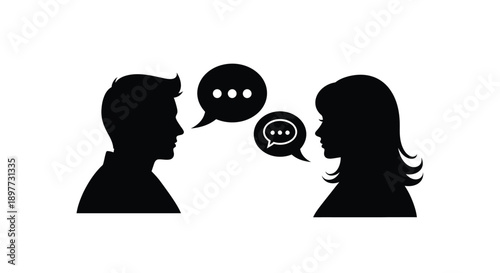 A man and woman in conversation depicted in black silhouette