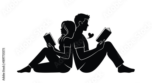 Couple reading books back to back a striking black silhouette