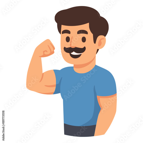 cartoon strong male flexing arm muscle healthy flat color vector illustration template design