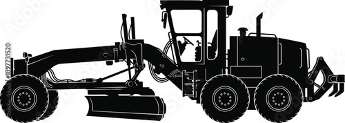 Black silhouette of a heavy duty motor grader construction vehicle for road leveling and soil grading isolated on white background