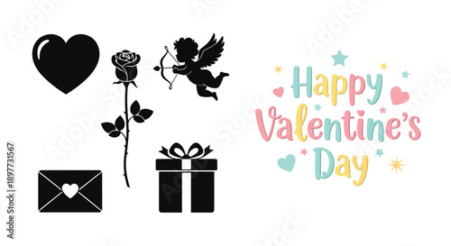 Valentine s day themed graphics including a cupid silhouette