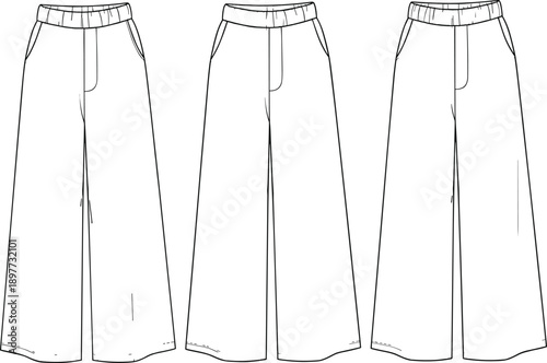 Black and white wide leg pants technical flat front side back view elastic waist trousers outline vector apparel template