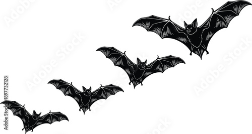 Black flying bat silhouettes isolated on white background, spooky Halloween wildlife vector illustration, nocturnal animals, gothic horror design