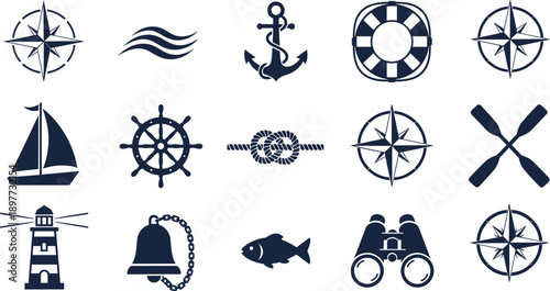 Black nautical silhouette collection featuring anchor compass ship wheel lighthouse and sailing icons for marine branding ocean travel and maritime design