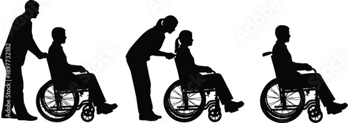 Black silhouette collection of disabled people in wheelchairs with caregivers for accessibility medical healthcare disability support and inclusive social services concepts