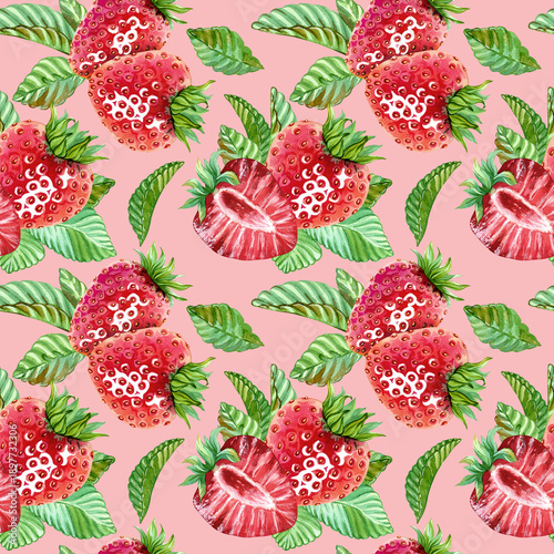 An attractive, elegant seamless pattern with red strawberries and a green leaf. Juicy, ripe berries create a beautiful endless pattern for fabric or food packaging. Hand drawn watercolor illustration