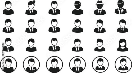 Business avatar icon set featuring professional people profiles corporate staff portraits user account silhouettes flat vector illustration collection