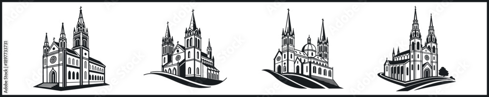 Fototapeta premium Silhouette representing a minimalist monochrome black cathedral icon, with clean lines, spires, and Gothic architecture; professional and elegant vector illustration