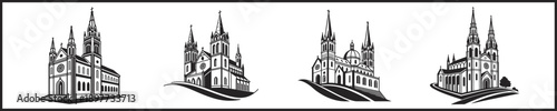 Silhouette representing a minimalist monochrome black cathedral icon, with clean lines, spires, and Gothic architecture; professional and elegant vector illustration