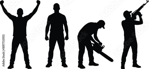 Worker silhouettes set featuring construction laborer lumberjack chainsaw operator industrial worker poses action figures black flat vector illustration