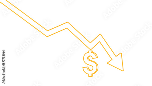 Minimal line vector illustration showing a downward arrow with a dollar symbol representing financial loss or economic decline. Suitable for business reports, finance presentations, and economic infog