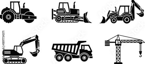 Set of heavy construction machinery vehicle icons including excavator crane dump truck bulldozer backhoe loader and road roller for industrial projects