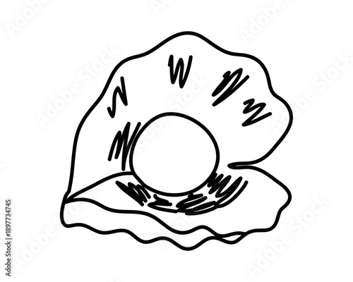Simple sketch drawing of an oyster with a pearl inside. Hand drawn doodle line Editable stroke.