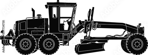 Side view silhouette of a heavy motor grader construction vehicle for road maintenance earthmoving and industrial land leveling project work.