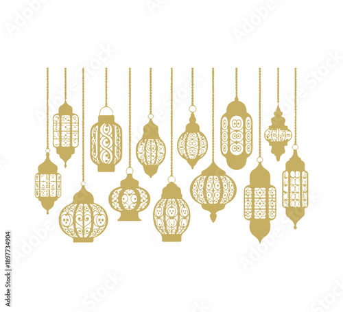 Set of golden decorative lamps and glowing light bulbs on a white background in vintage Ramadan vector style