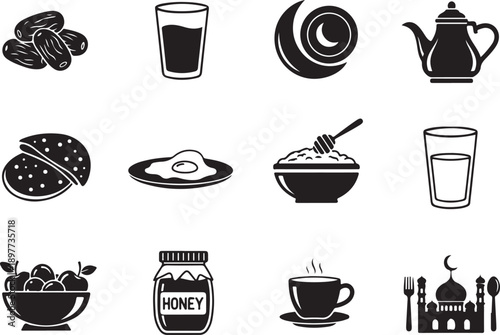 Illustration of black and white icons of various breakfast foods and dishes