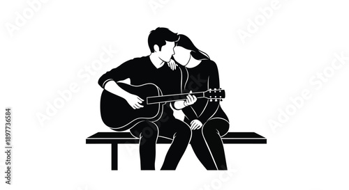 Couple embracing with a guitar a striking black silhouette