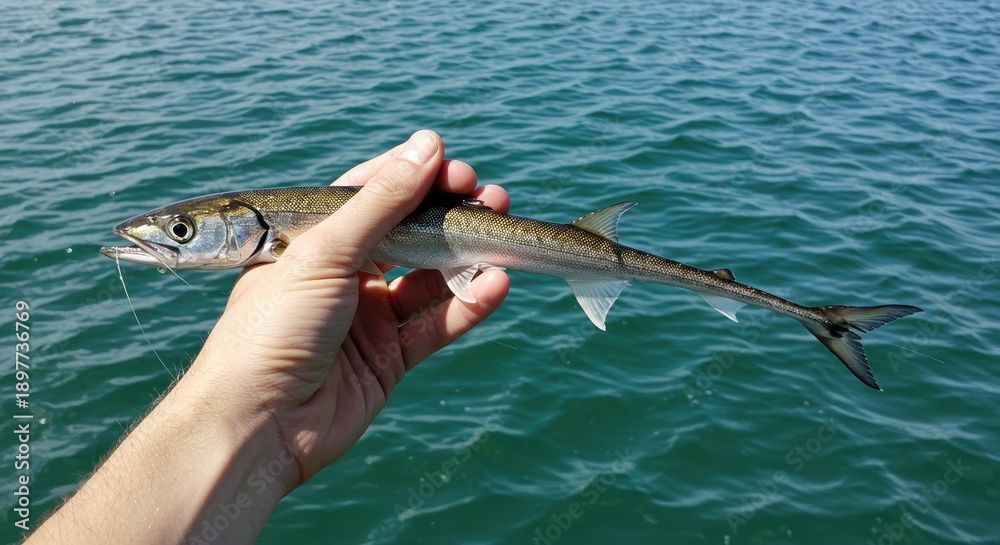 Obraz premium Close up of a hand holding a fish against a backdrop of open water