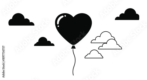 A black heart shaped balloon floats among white clouds a minimalist silhouette