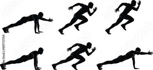 Athlete sprint start and running motion silhouette set showing explosive speed training poses isolated on white background for fitness sports performance design
