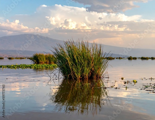 A serene wetland scene reflects the sky and distant mountain. The foreground is marked with water plants, creating depth in the shot