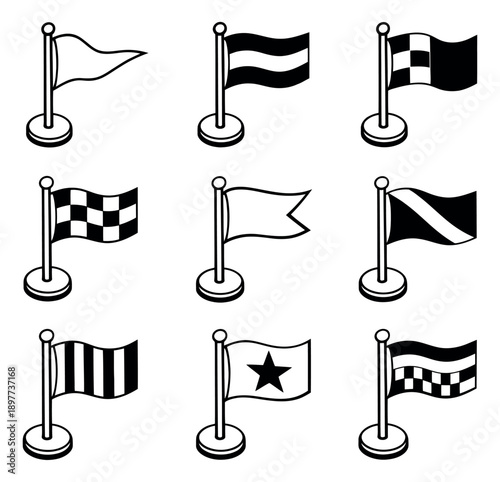 Isometric hand drawn line art flag set featuring various pennant and checkered designs for sports events and navigation