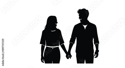 Couple holding hands facing each other dark outline silhouette