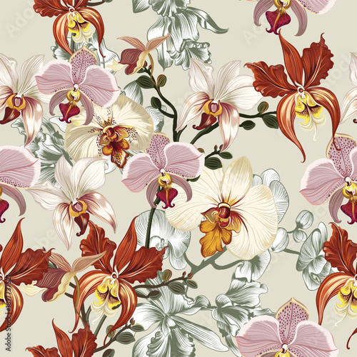 Fashion hand drawn orchid flowers pattern vector illustration