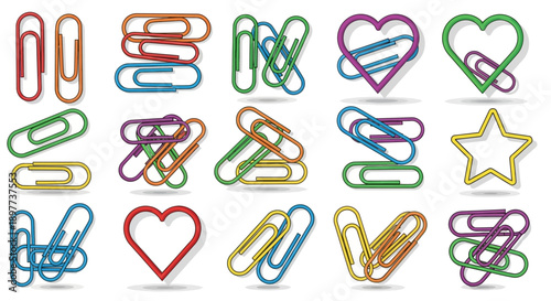 A colorful set of metal paper clips in red, blue, and yellow isolated on a white background provides essential school and office stationery supplies for business organization