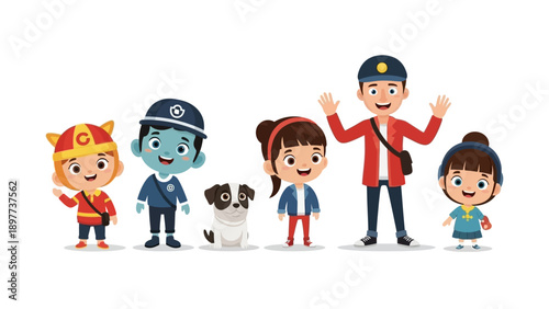Vector illustration set of a diverse group of business people, office workers, and smiling school children featuring various cartoon characters and professional occupations
