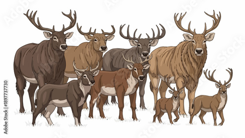 A cute cartoon illustration of a set of different wild deer and reindeer mammals with antlers and horns isolated on white for Christmas nature wildlife designs
