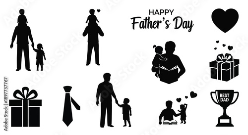 Black silhouettes of happy father's day icons with family gifts and awards on white background