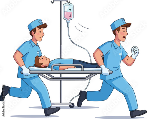 Cartoon paramedics in blue scrubs urgently rushing a patient on a stretcher with an IV drip.