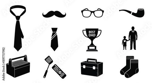 Black icons for father's day including ties tools and awards on a white background symbolizing dad's interests and gifts