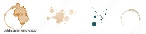 Photos a realistic photograph showcasing various liquid stains, including coffee rings and ink splatters, on a textured background, conveying grunge