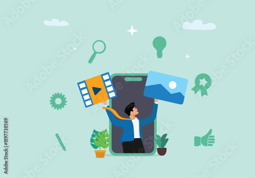 Digital Illustration of Multimedia Content Creation, Mobile Creativity, Online Video Production, Image Sharing, Digital Innovation, and Modern Technology Concept for Social Media Marketing