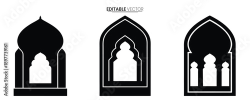Three ornate black silhouettes of islamic arches and windows demonstrating varied architectural designs high quality