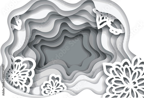 Layered paper-cut cave with floral patterns, butterfly, grayscale depth illustration, decorative tunnel design, artistic nature motif