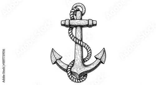 Detailed Vintage Anchor Illustration with Rope | Classic Nautical Symbol Engraving Style Black and White Drawing