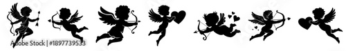 Valentine’s Day Flying Cupid Angels Set — Romantic Love Cherubs in Motion with Wings, Hearts and Arrows, Playful Airborne Angels Flying, Soaring, Diving and Landing for February 14 Love