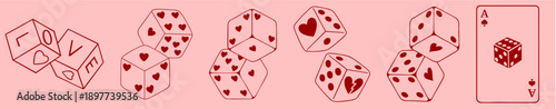 Valentine’s Day romantic dice and playing card set with hearts, love game symbols for February 14, red and pink gambling