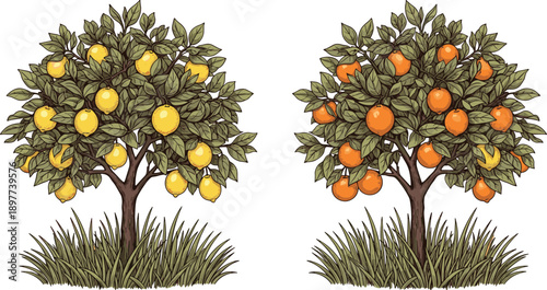Lemon and orange fruit trees illustration set showing citrus orchard plants with ripe fruits isolated on white background for agriculture, gardening, farming and botanical design projects
