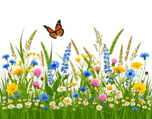 Colorful meadow border with butterflies, flowers, and grass