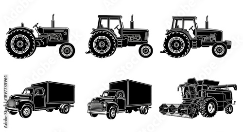 Agriculture and Transport Machinery Icons Set. Vintage Tractors, Combine Harvester, and Delivery Truck Silhouettes.