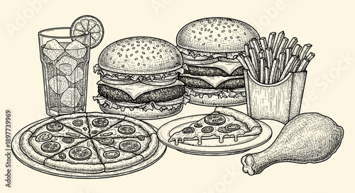 Classic Fast Food Feast Engraving: Double Burger, Pizza, Fries, Chicken, and Soda. Detailed vintage hand-drawn illustration.