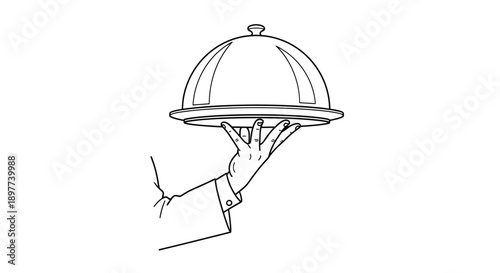 Waiter Hand Holding Silver Serving Cloche on Tray. Luxury Restaurant Service Line Art Icon and Vector Drawing.