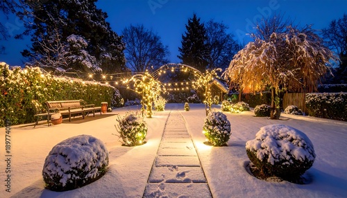 A serene winter garden scene at dusk, a snow-covered path illuminated by warm lights leading toward a distant structure