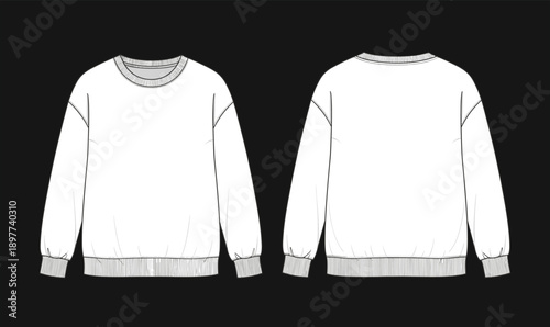 Blank white sweatshirt mockup front and back view vector template ribbed cuffs collar long sleeves apparel isolated background