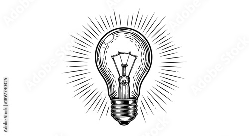 Light Bulb Idea Icon Engraving. Vintage Illustration of Innovation, Creativity, Energy, and Inspiration with Radiating Rays.